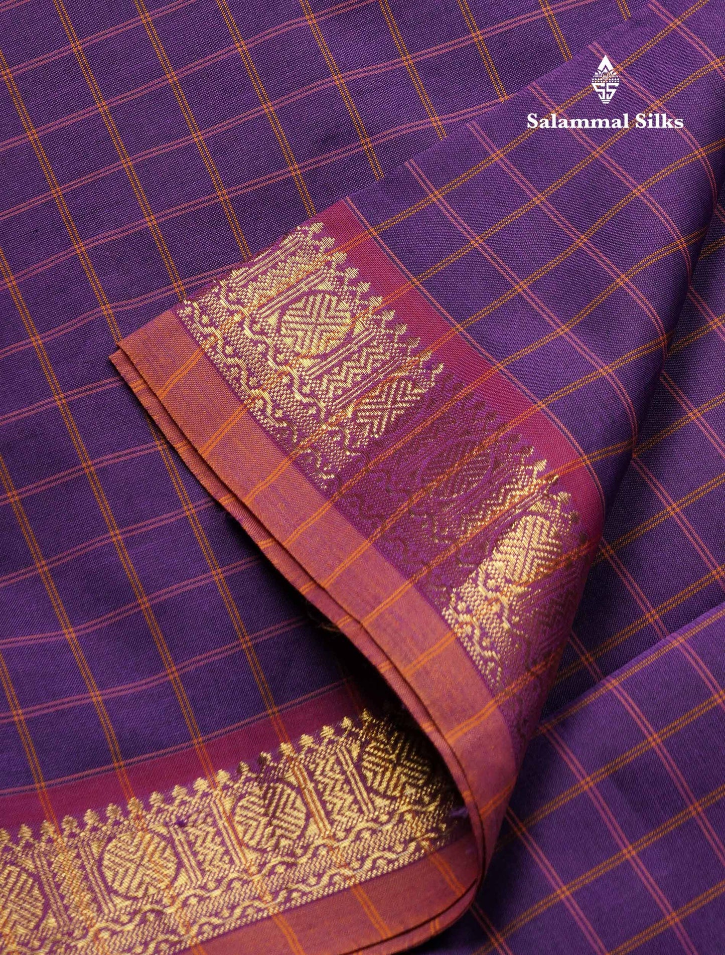 Beautiful Violet Small Checks Semi Silk Cotton Saree With Contrast Brown Blouse