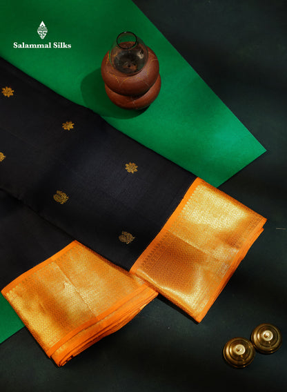 Korvai Beautiful Black Pure Kanjivaram Silk Saree With Contrast Orange Traditional Border