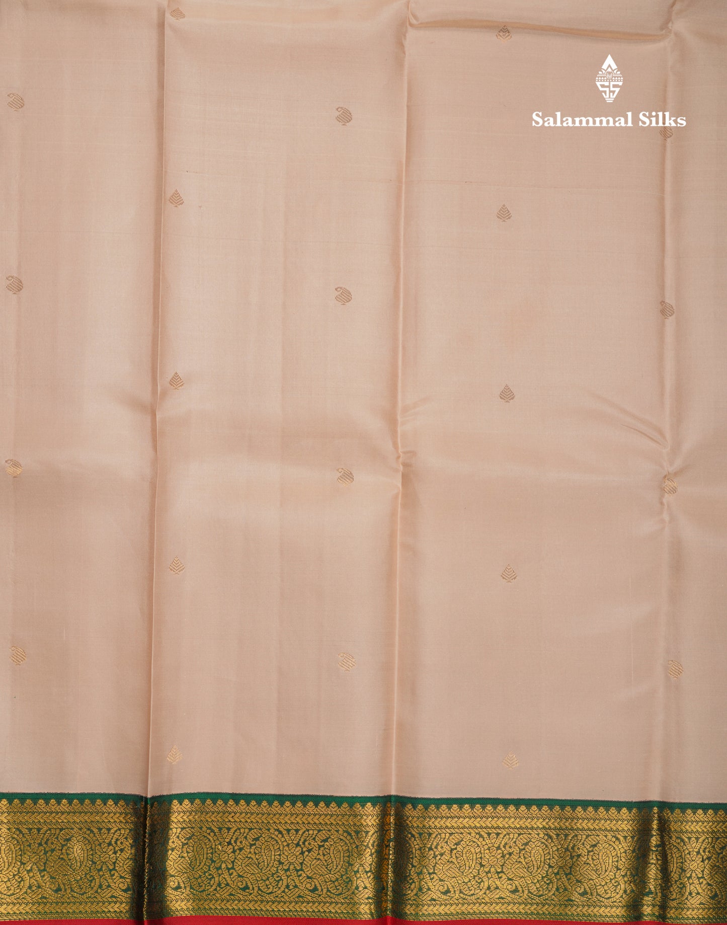 Beautiful Beige Pure Kanjivaram Silk Saree With Contrast Bottle Green Traditional Border