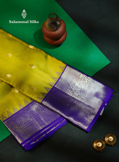 Beautiful Manthulir Yellow Pure Kanjivaram Silk Saree With Contrast Royal Blue Traditional Evening Morning Border