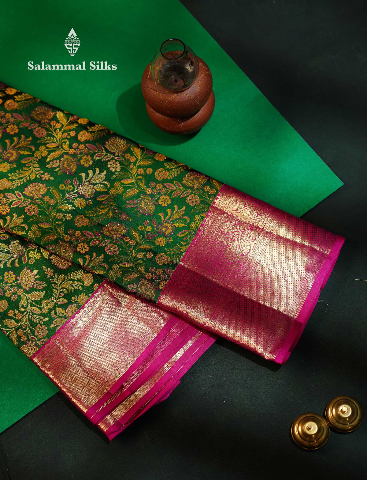 Beautiful Bottle Green Bridal Pure Kanjivaram Silk Saree With Contrast Pink Traditional Border