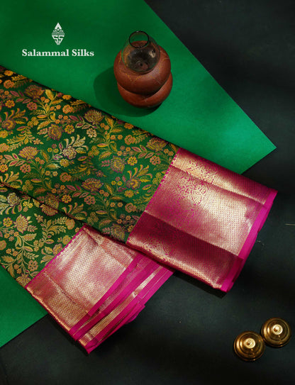 Beautiful Bottle Green Bridal Pure Kanjivaram Silk Saree With Contrast Pink Traditional Border