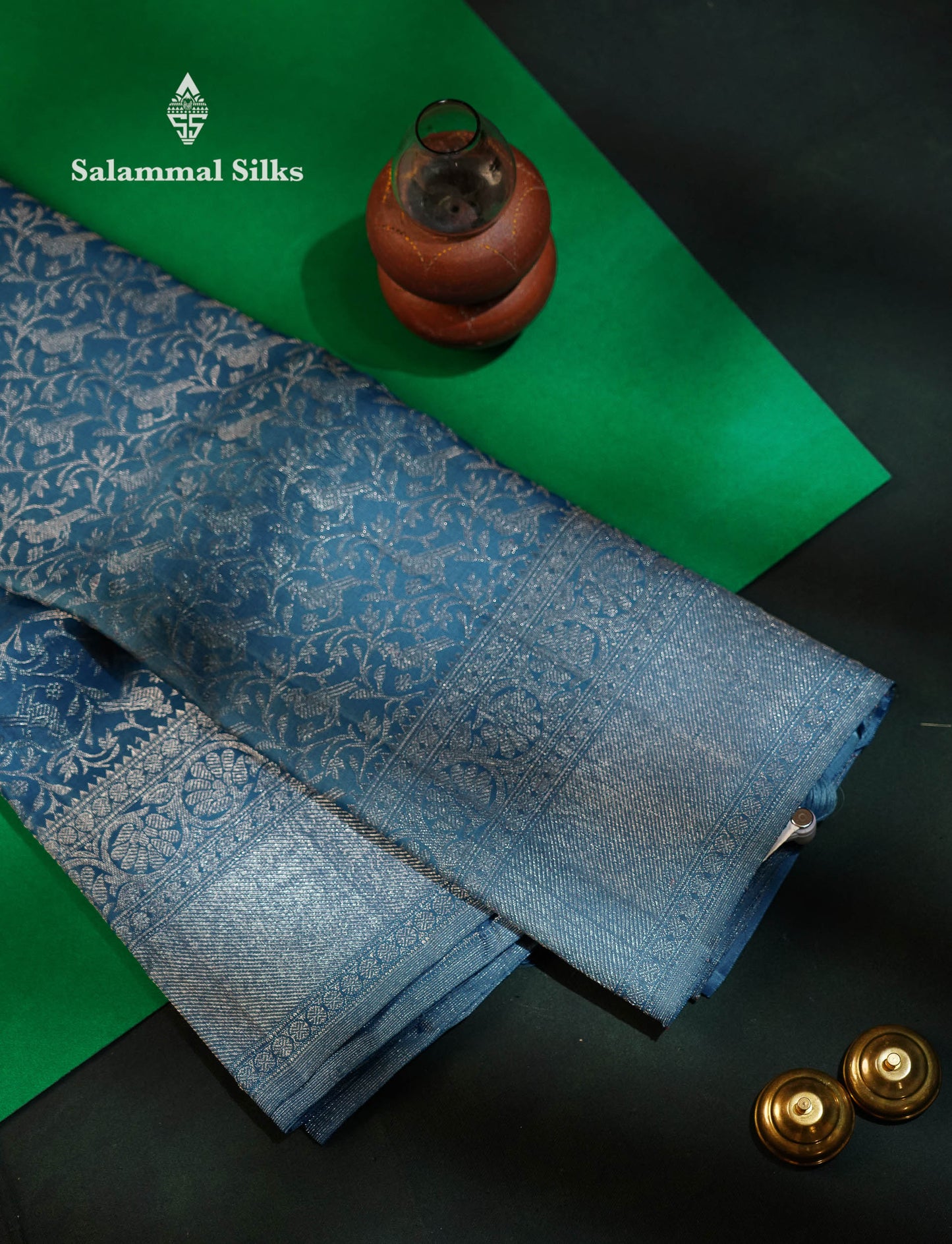 Olive Blue Bridal Kanjivaram Pure Silk Saree With Self Silver Zari Long Border