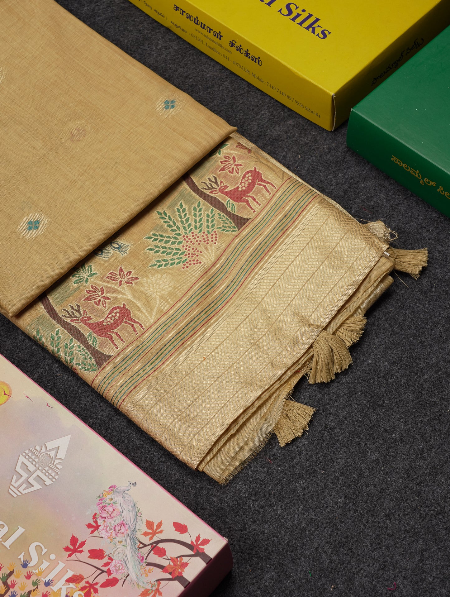 Beautiful Cream Menakari Work Muga Cotton Saree With Butta Blouse