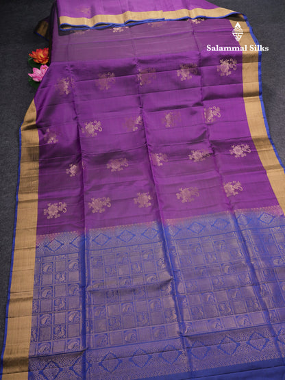 Beautiful Purple Pure Kanjivaram Soft Silk Saree With Contrast Royal Blue Blouse