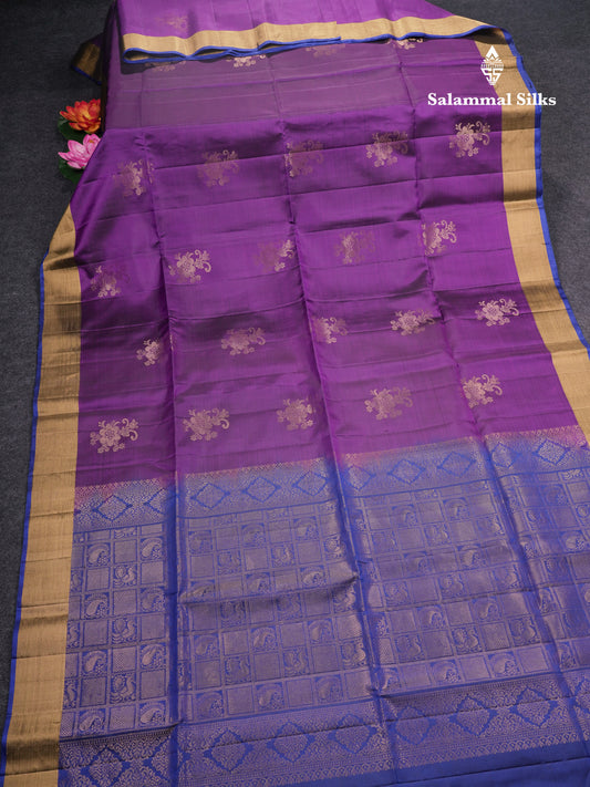 Beautiful Purple Pure Kanjivaram Soft Silk Saree With Contrast Royal Blue Blouse
