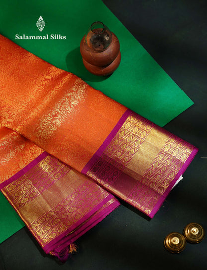 Orange Grand Beautiful Bridal Pure Kanjivaram Silk Saree With Magenta Border