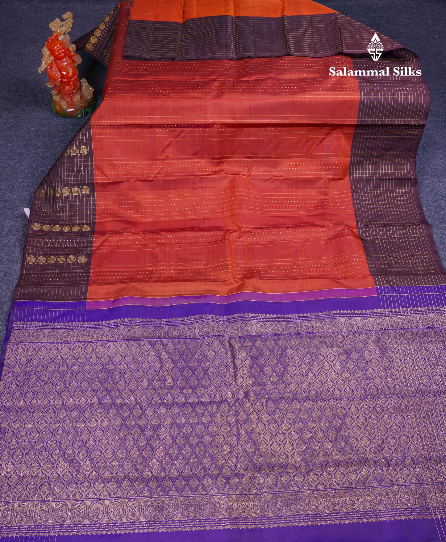 Beautiful Rust Orange Pure Kanjivaram Silk Saree With Contrast Dark Brown Traditional Border