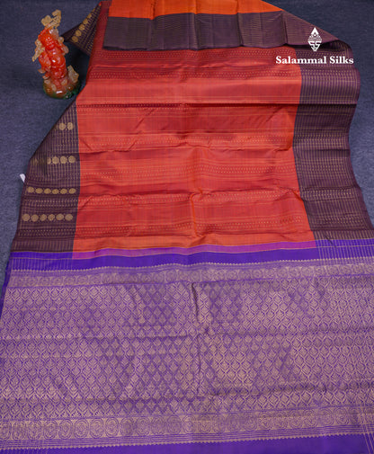 Beautiful Rust Orange Pure Kanjivaram Silk Saree With Contrast Dark Brown Traditional Border