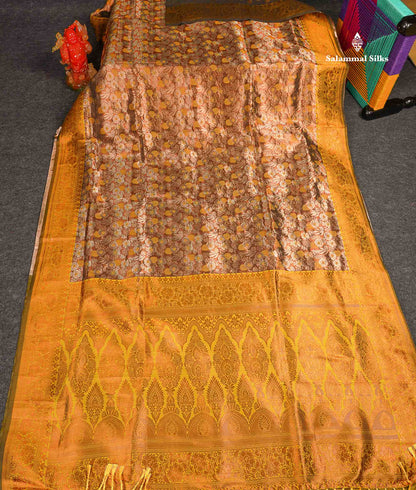 Semi Tussar Saree - Copper Colour Body Tissue With Contrast Mustard Yellow Fancy Border 