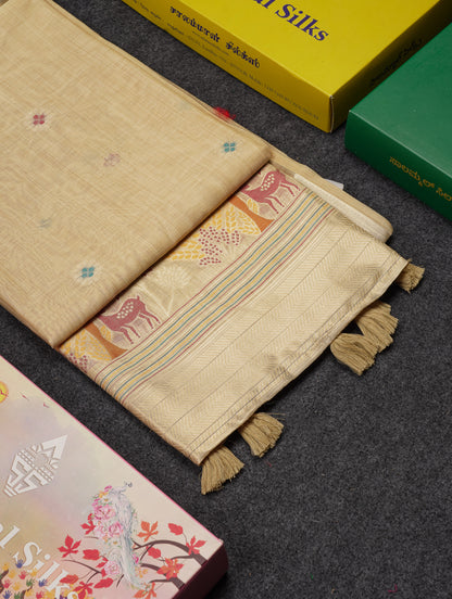 Beautiful Cream Menakari Work Muga Cotton Saree With Butta Blouse
