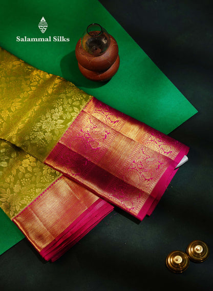 Beautiful Olive Green Bridal Pure Kanjivaram Silk Saree With Contrast Rani Pink Traditional Evening Morning Border