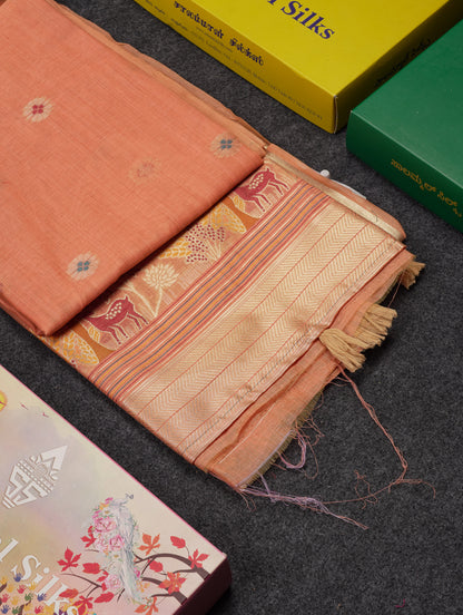 Beautiful Cream Menakari Work Muga Cotton Saree With Butta Blouse