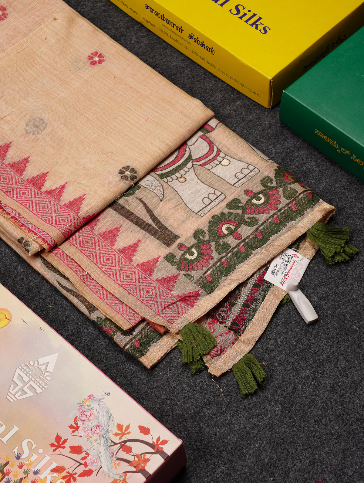 Beautiful Cream Sandal Menakari Work Muga Cotton Saree With Contrast Pink Blouse
