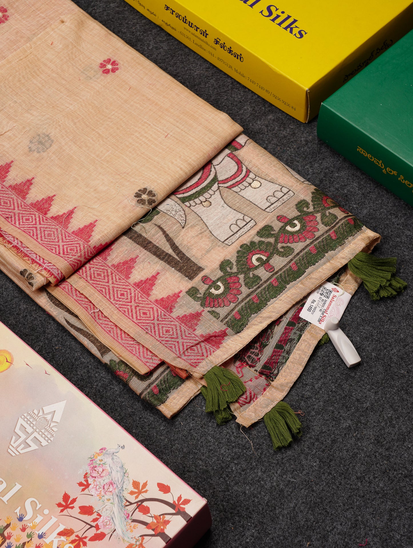 Beautiful Cream Sandal Menakari Work Muga Cotton Saree With Contrast Pink Blouse