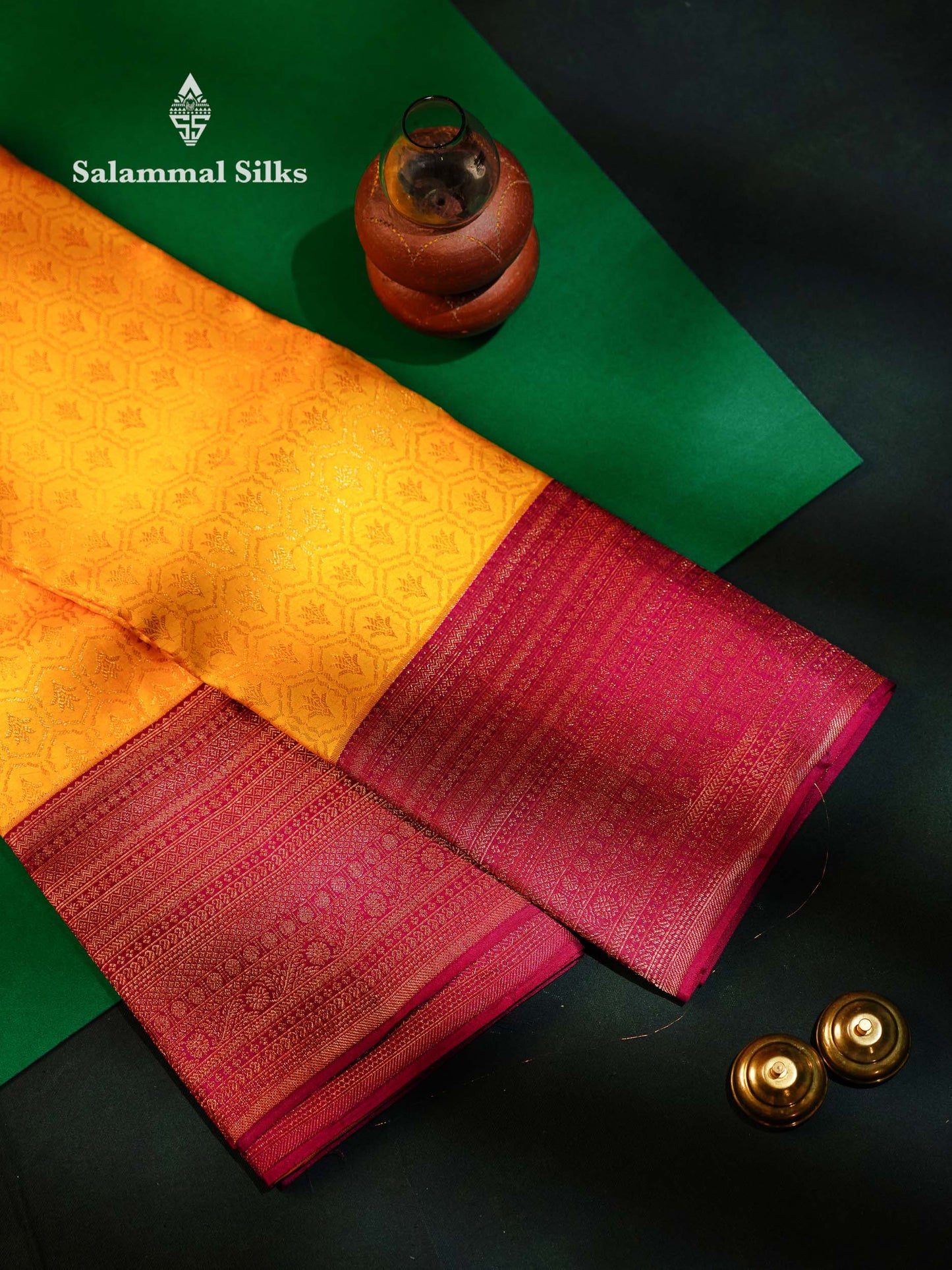 Beautiful Yellow Bridal Kanjivaram Pure Silk Saree With Dark Magenta Designer Blouse