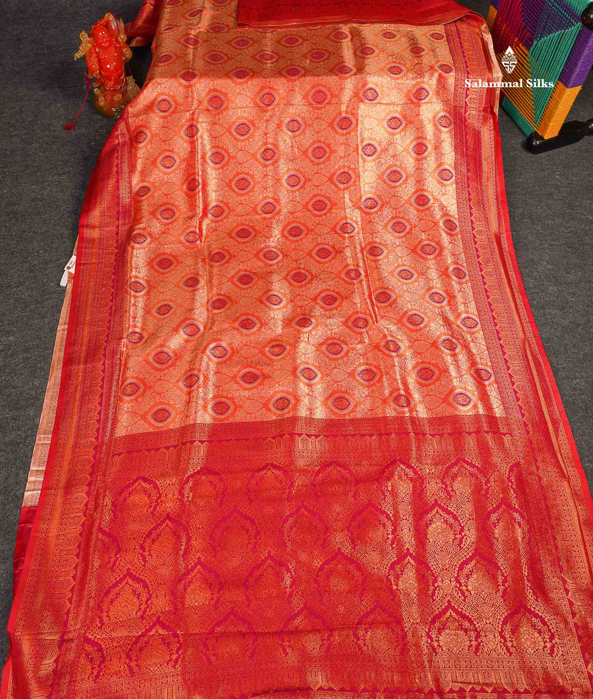 Semi Tussar Saree - Dual Tone Orange Colour Body Tissue With Contrast Red Fancy Border