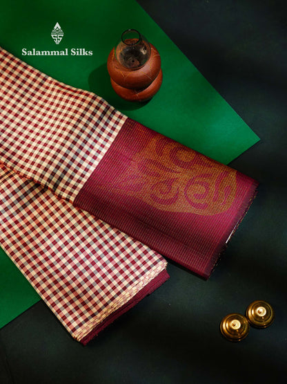 Beautiful Multicolour Small Vaira Oosi Checks Pure Kanjivaram Silk Saree With Contrast Dark Maroon One Side Long Border