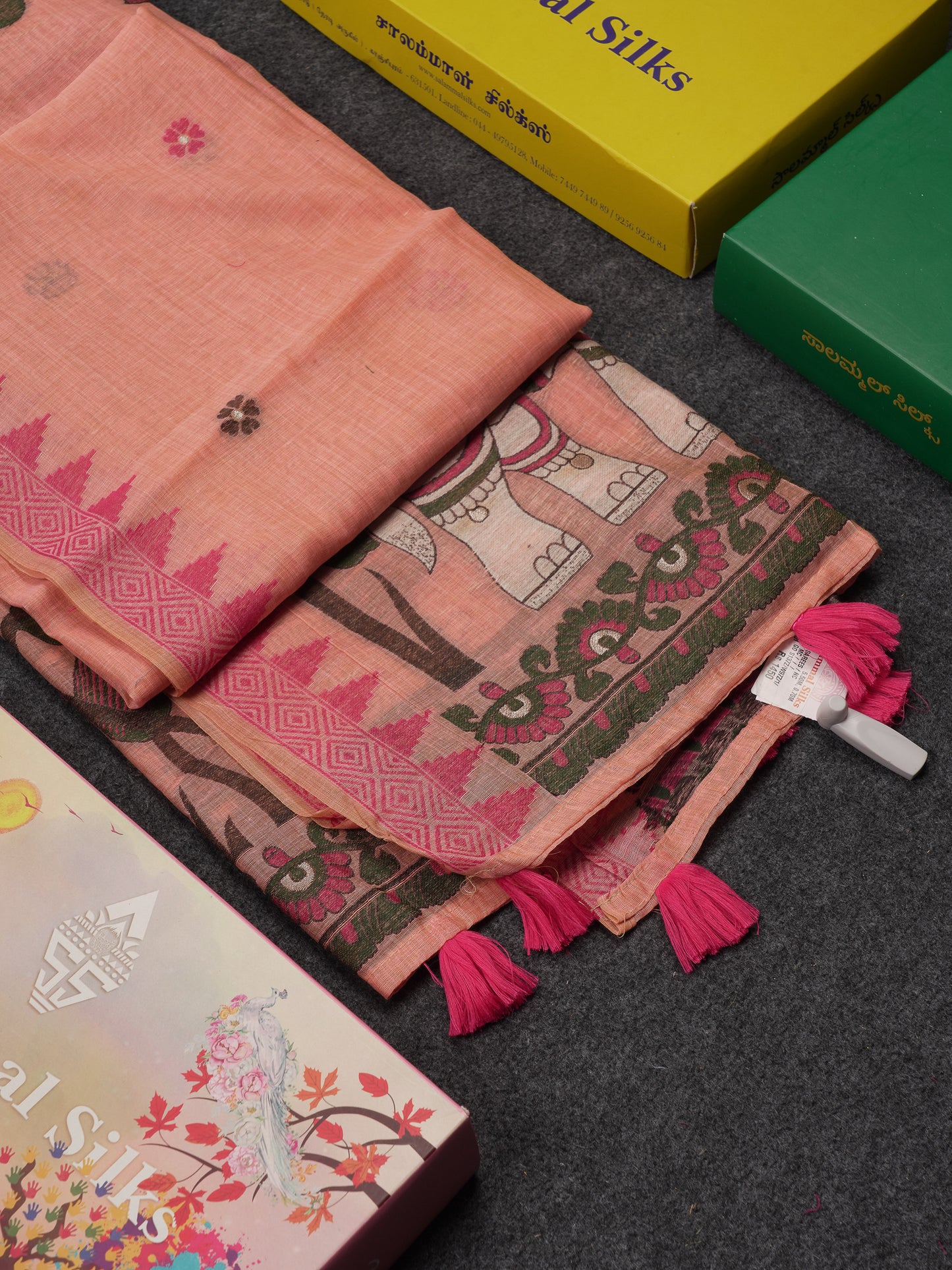 Beautiful Cream Sandal Menakari Work Muga Cotton Saree With Contrast Pink Blouse