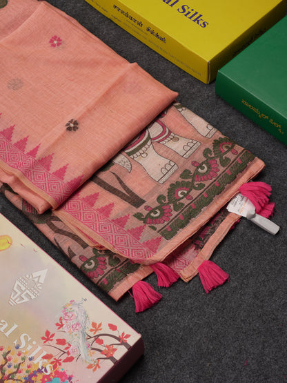 Beautiful Cream Sandal Menakari Work Muga Cotton Saree With Contrast Pink Blouse