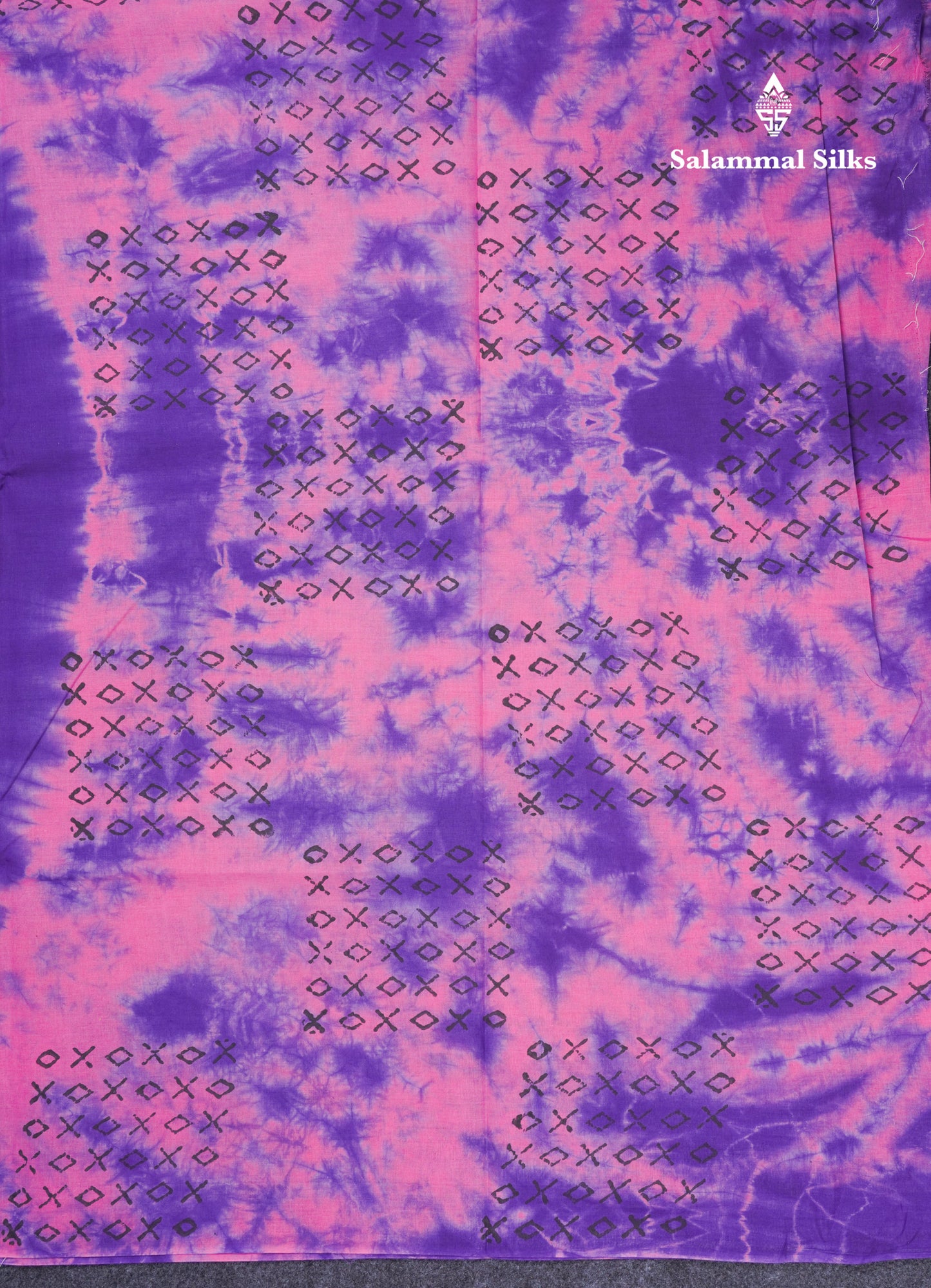 Violet Batik Print Sungudi Pure Cotton Saree With Contrast Light Pink Blouse