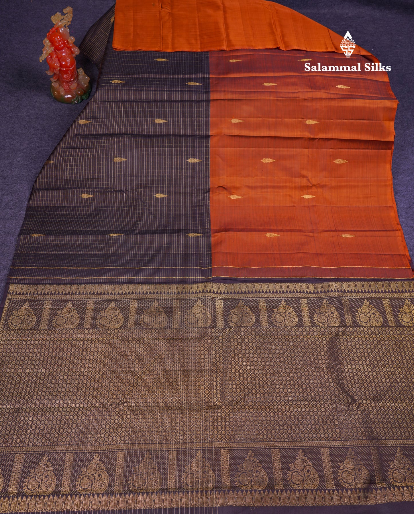 Rust Orange and Dark Brown Half & Half Pure Kanjivaram Silk Saree With Contrast Dark Brown Blouse