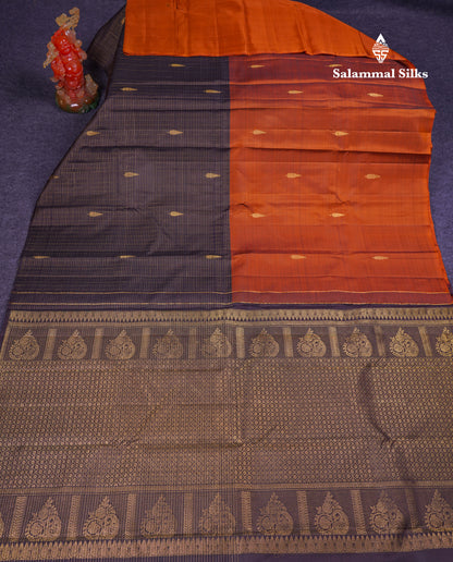 Rust Orange and Dark Brown Half & Half Pure Kanjivaram Silk Saree With Contrast Dark Brown Blouse