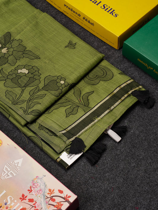 Beautiful Olive Green Fancy Cotton Mix Saree With Blouse