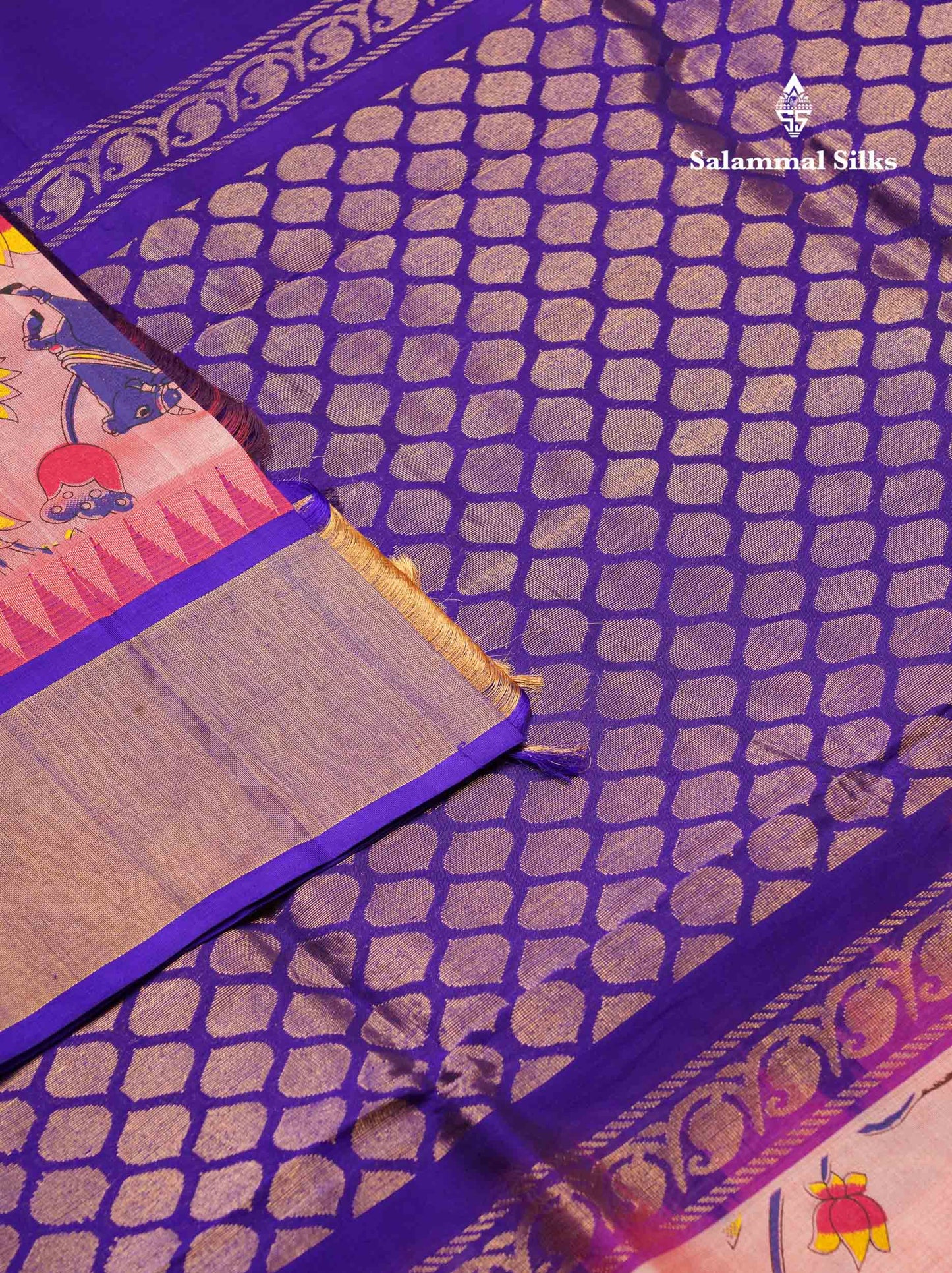 Beautiful Onion Pink Kalamkari Design Pure Silk Cotton Saree With Contrast Violet Border