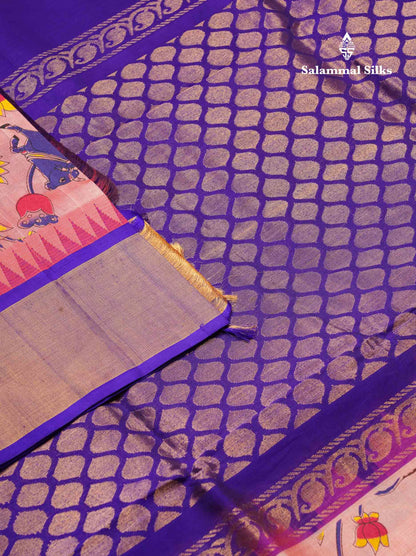 Beautiful Onion Pink Kalamkari Design Pure Silk Cotton Saree With Contrast Violet Border