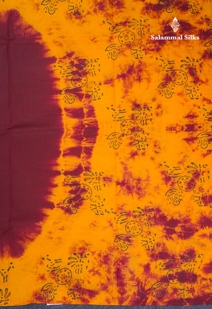 Dark Brown Batik Print Sungudi Pure Cotton Saree With Contrast Mango Yellow Blouse