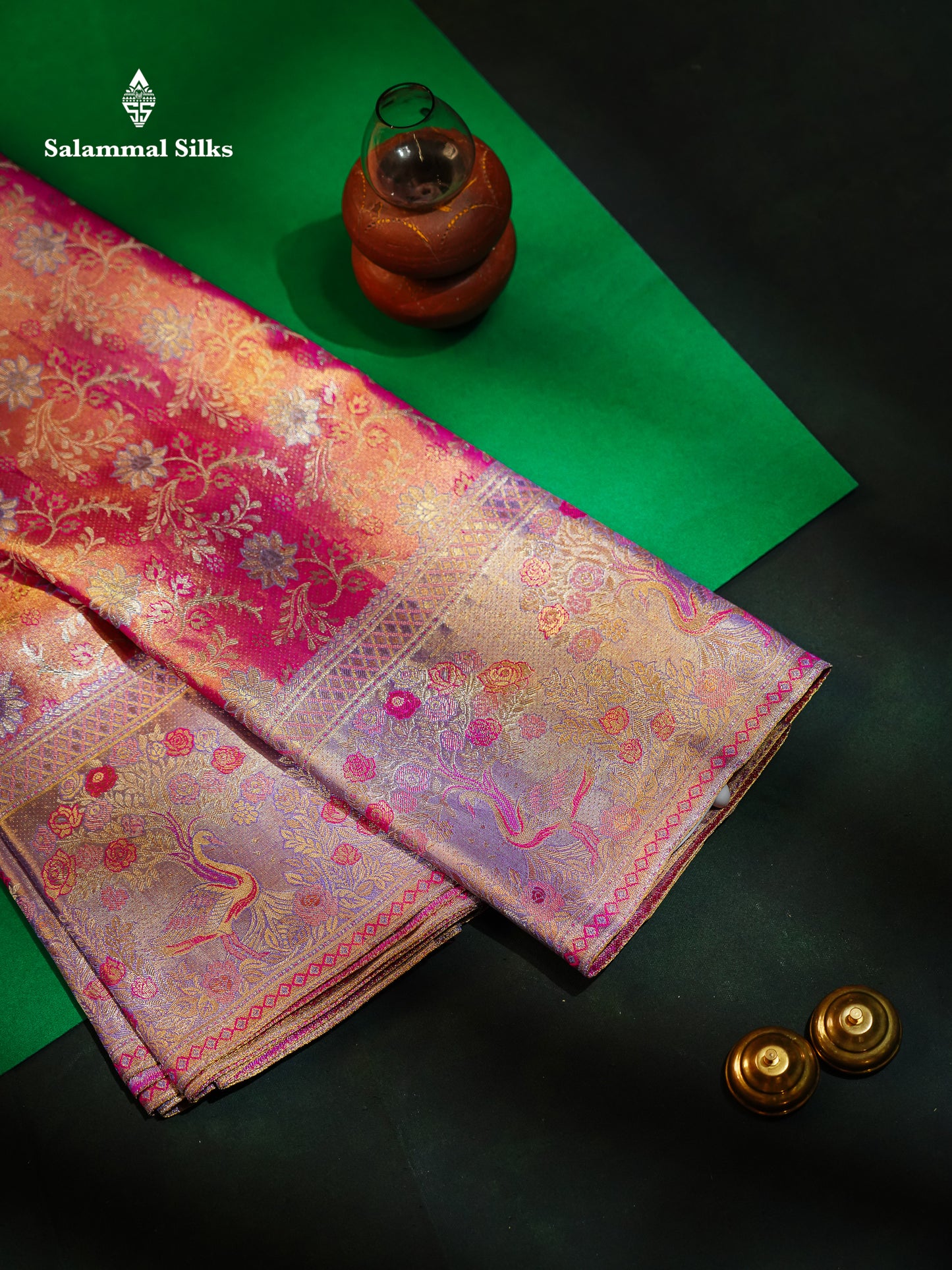 Beautiful Pink Tissue Bridal Pure Kanjivaram Silk Saree With Contrast Violet Fancy Border