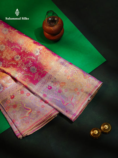 Beautiful Pink Tissue Bridal Pure Kanjivaram Silk Saree With Contrast Violet Fancy Border