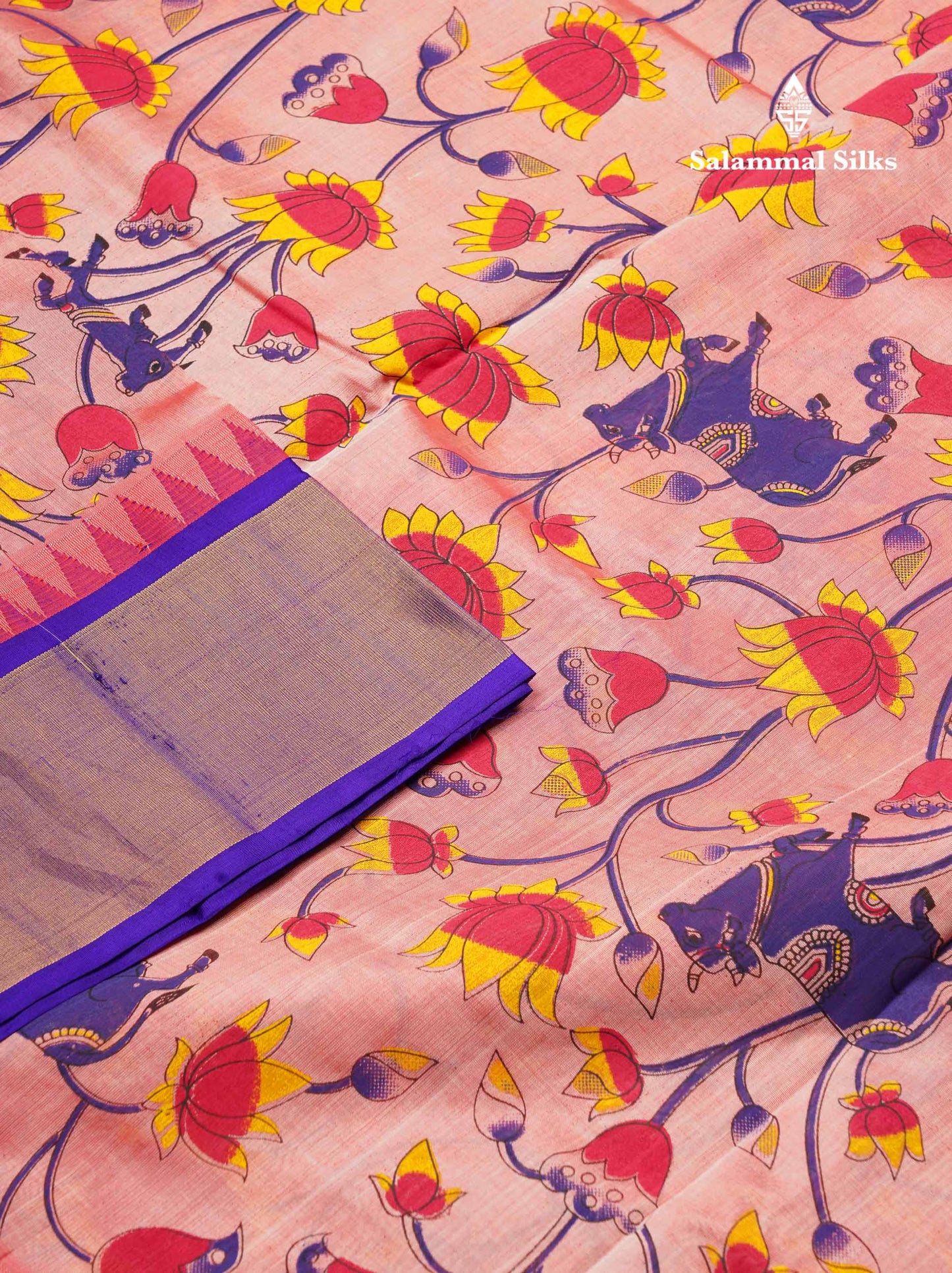 Beautiful Onion Pink Kalamkari Design Pure Silk Cotton Saree With Contrast Violet Border