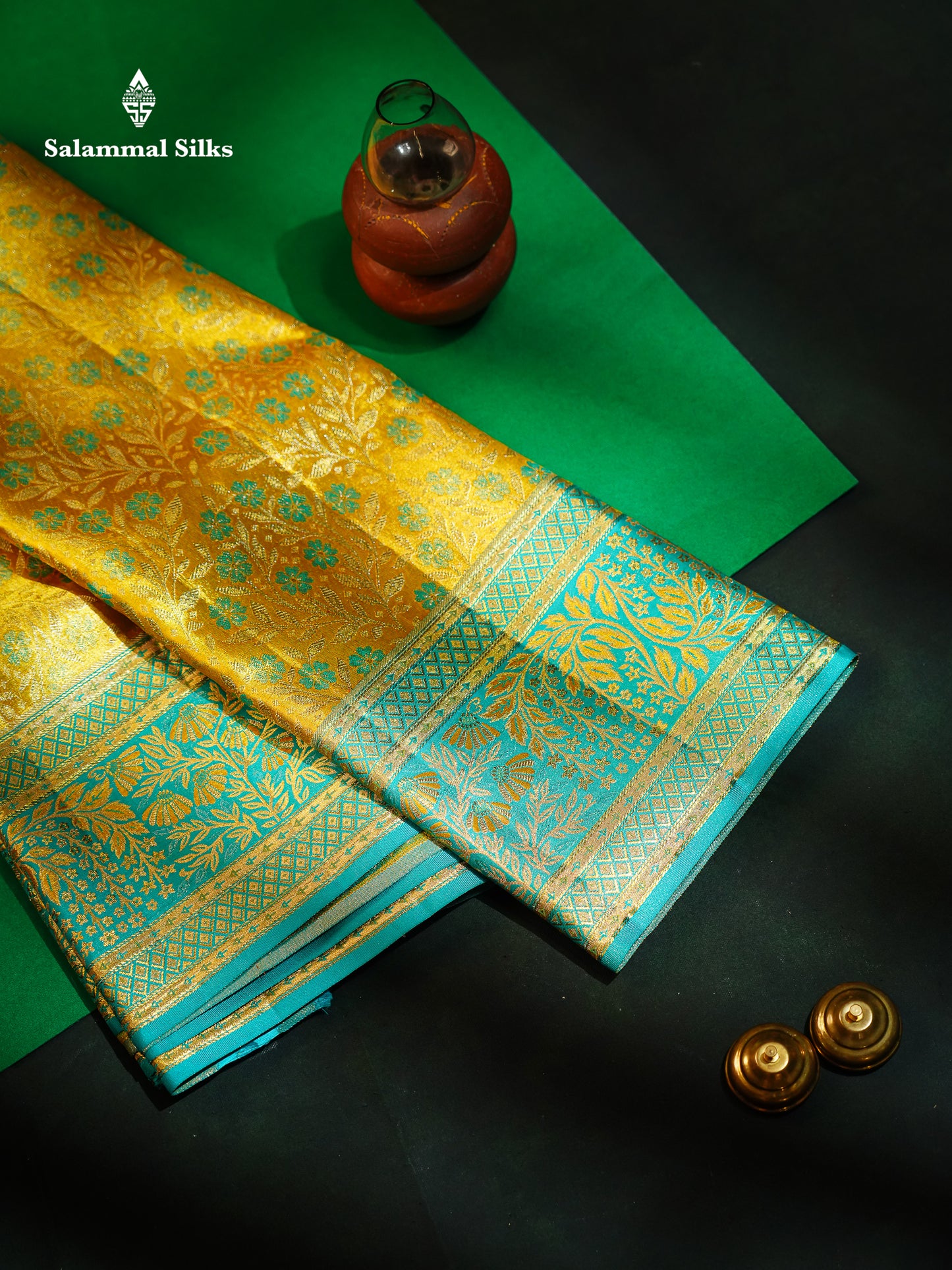 Beautiful Golden Yellow Tissue Bridal Pure Kanjivaram Silk Saree With Contrast Sapphire Green Fancy Border