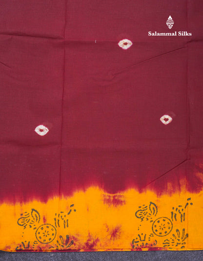 Dark Brown Batik Print Sungudi Pure Cotton Saree With Contrast Mango Yellow Blouse