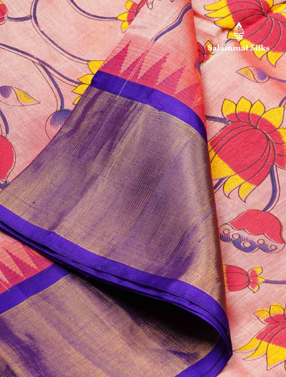 Beautiful Onion Pink Kalamkari Design Pure Silk Cotton Saree With Contrast Violet Border