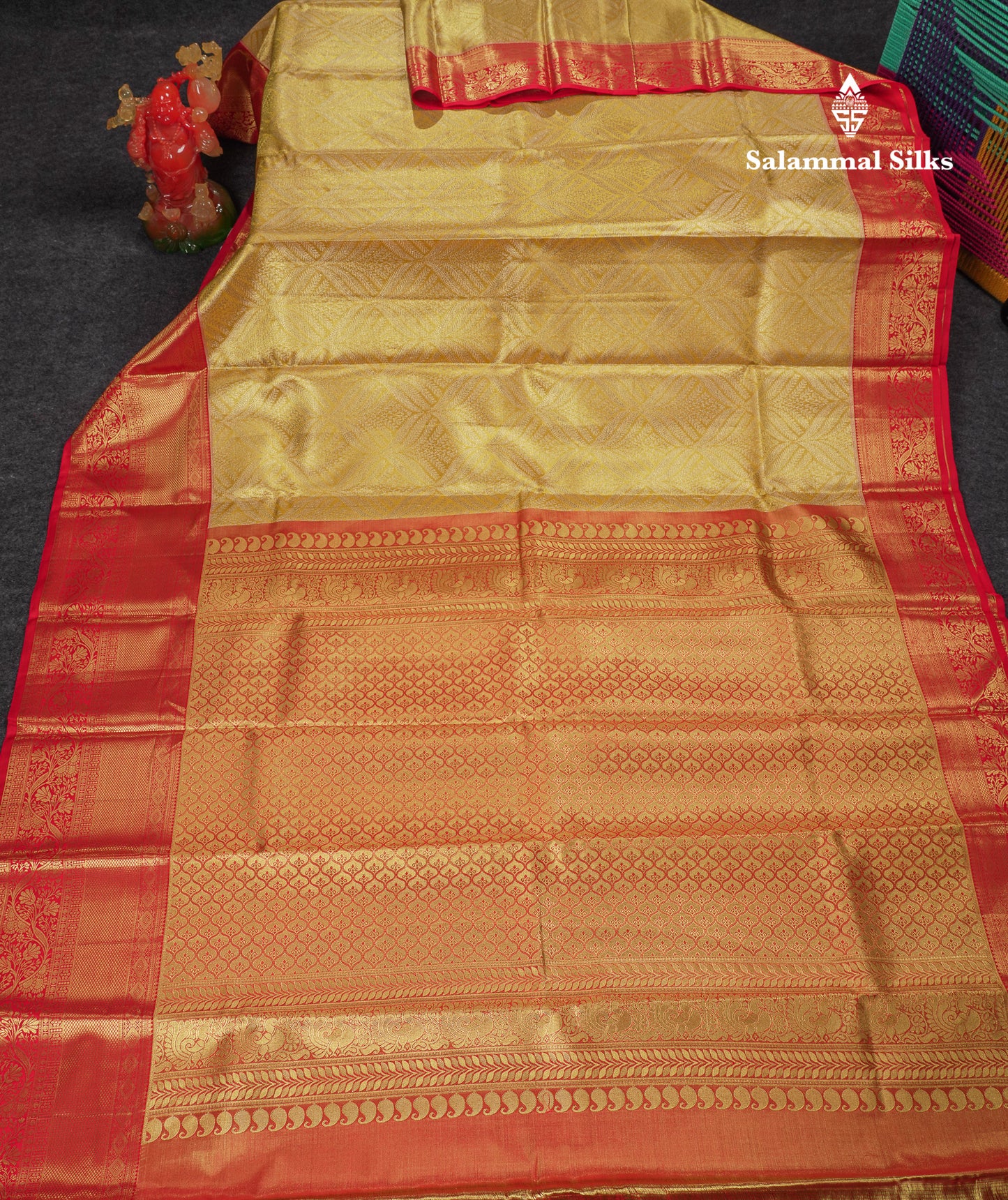 Beautiful Gold Tissue Bridal Pure Kanjivaram Silk Saree With Contrast Chilly Red Traditional Evening Morning Border