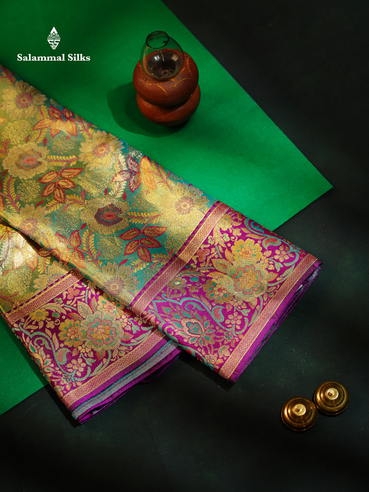 Beautiful Sapphire Green Tissue Meenakari Work Bridal Pure Kanjivaram Silk Saree With Contrast Vadamalli Fancy Border