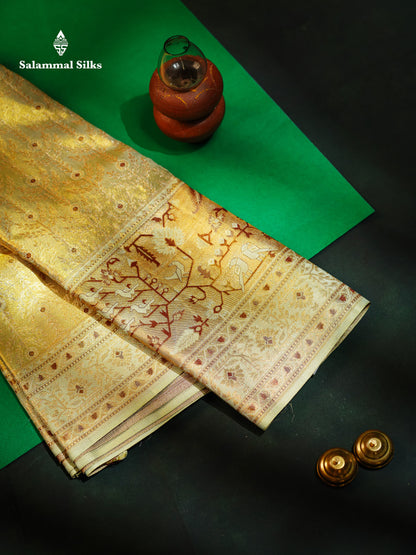 Beautiful Light Pista Green Tissue Bridal Menakari Work Pure Kanjivaram Silk Saree With Fancy Border