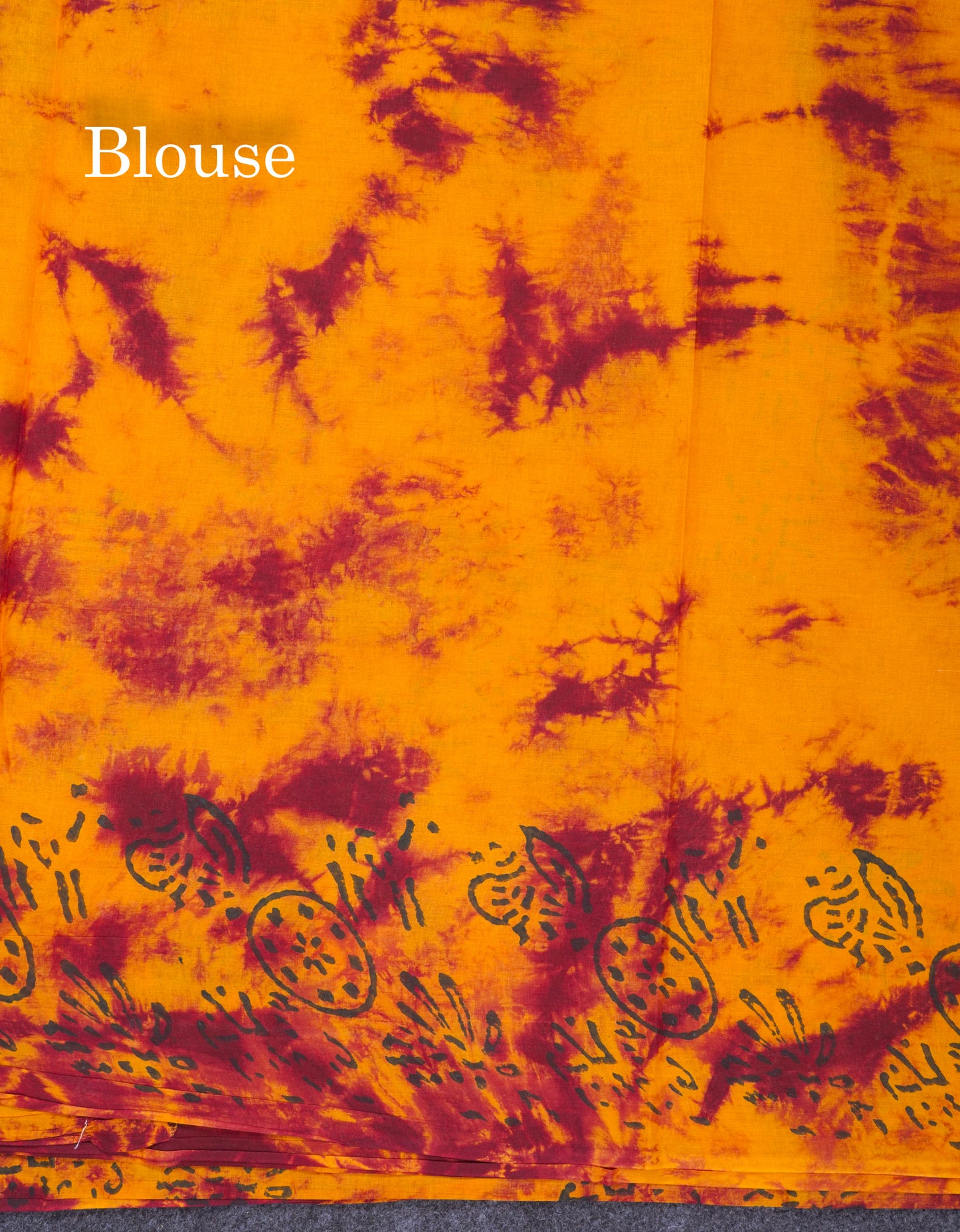 Dark Brown Batik Print Sungudi Pure Cotton Saree With Contrast Mango Yellow Blouse