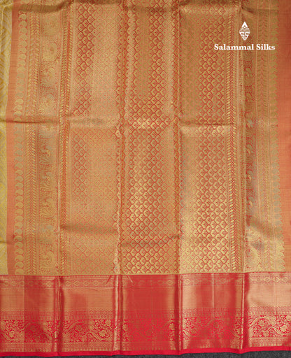 Beautiful Gold Tissue Bridal Pure Kanjivaram Silk Saree With Contrast Chilly Red Traditional Evening Morning Border