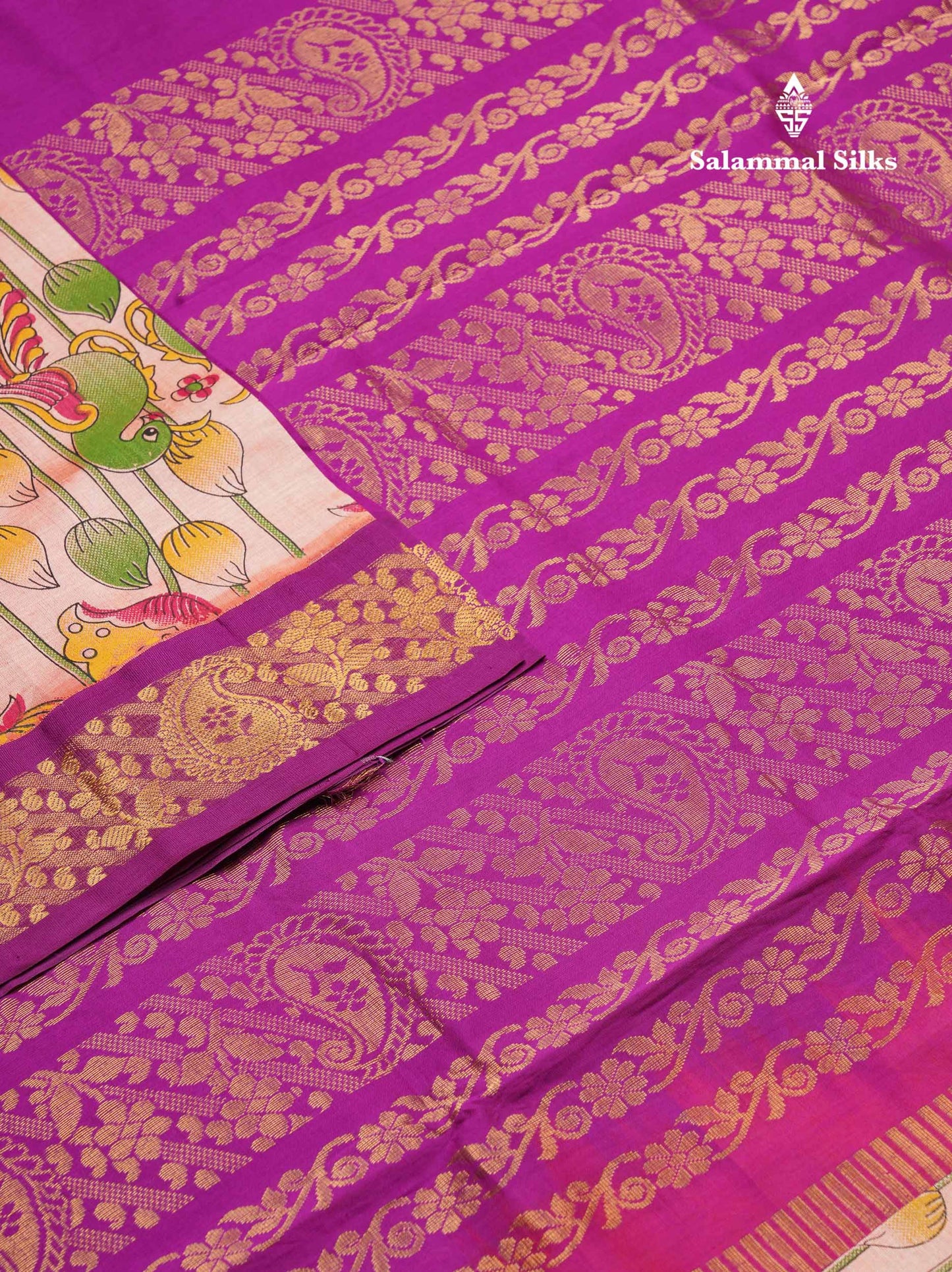 Peach Pink Pichwai Print Semi Silk Cotton Saree With Contrast Vadamalli Border