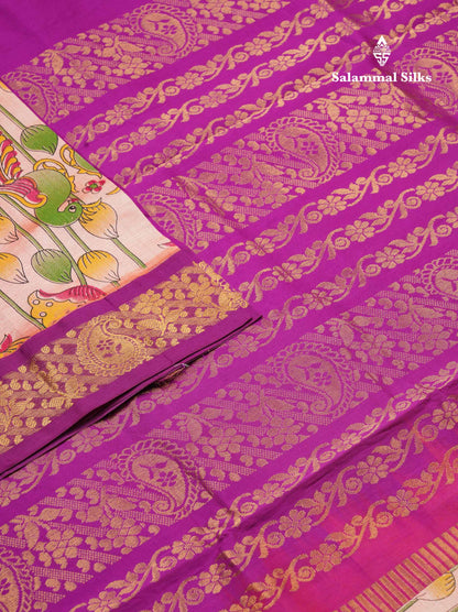 Peach Pink Pichwai Print Semi Silk Cotton Saree With Contrast Vadamalli Border