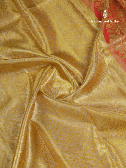 Beautiful Gold Tissue Bridal Pure Kanjivaram Silk Saree With Contrast Chilly Red Traditional Evening Morning Border