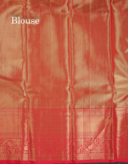 Beautiful Gold Tissue Bridal Pure Kanjivaram Silk Saree With Contrast Chilly Red Traditional Evening Morning Border