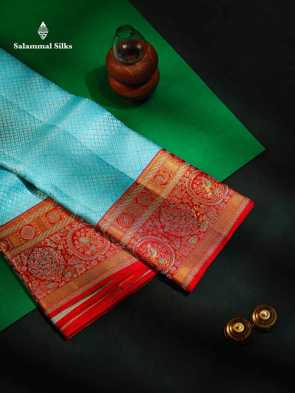 Beautiful Sapphire Blue Bridal Pure Kanjivaram Silk Saree With Contrast Chilly Red Menakari Work Fancy Border
