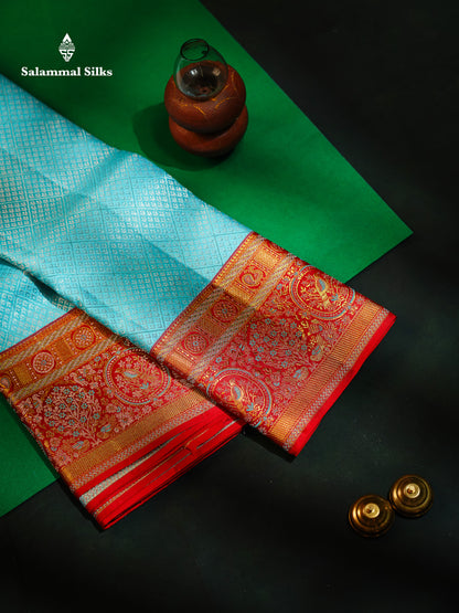 Beautiful Sapphire Blue Bridal Pure Kanjivaram Silk Saree With Contrast Chilly Red Menakari Work Fancy Border