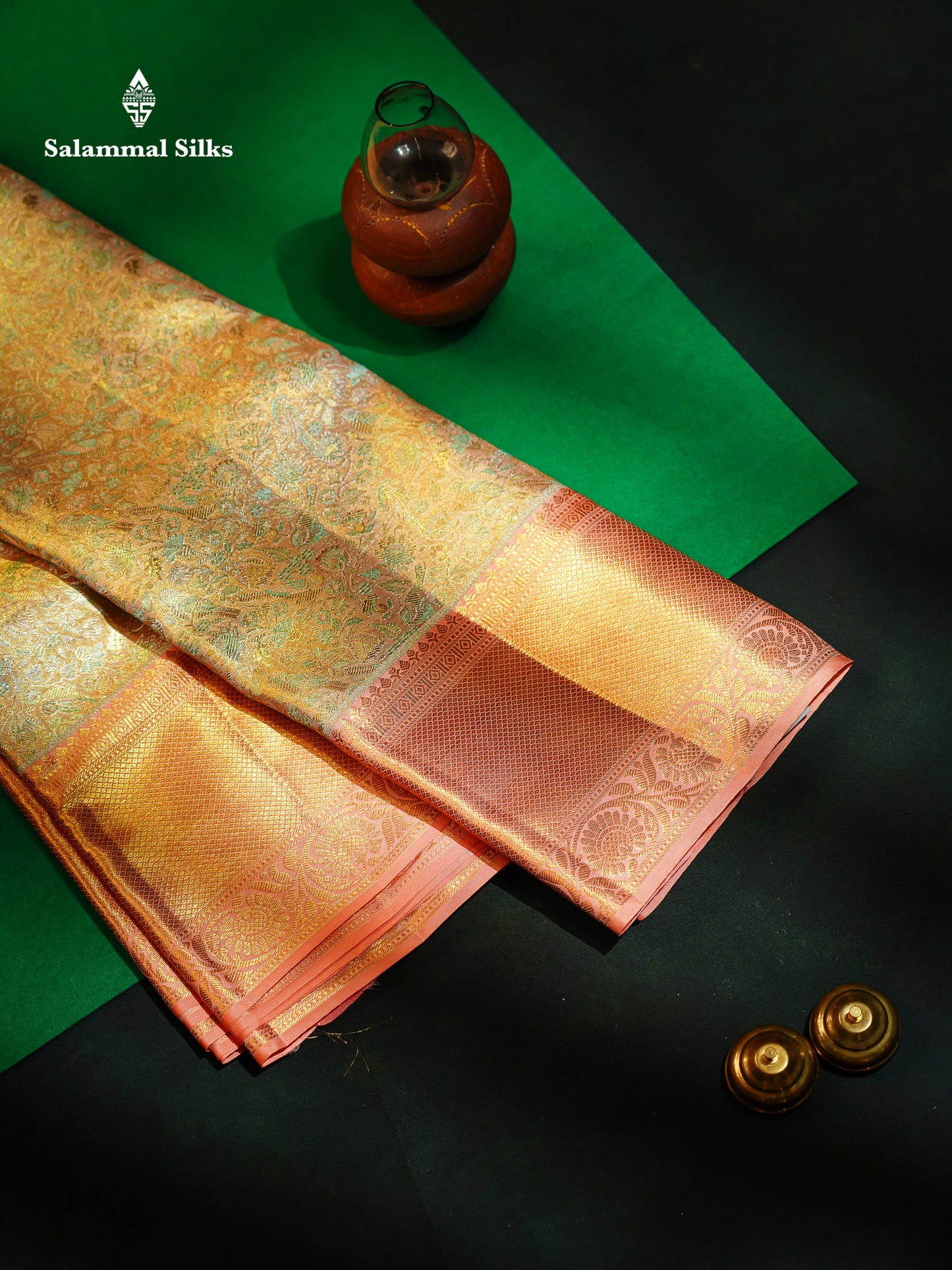 Beautiful Light Peach Tissue Bridal Pure Kanjivaram Silk Saree With Contrast Dark Peach Border
