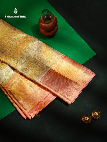 Beautiful Light Peach Tissue Bridal Pure Kanjivaram Silk Saree With Contrast Dark Peach Border